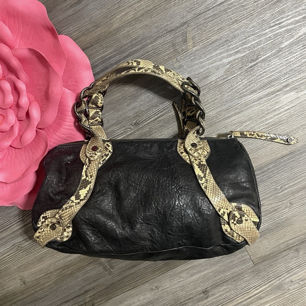 ELAINE TURNER Black Textured Leather Tote Bag‎ Snake Trim w/ Gunmetal Hardware